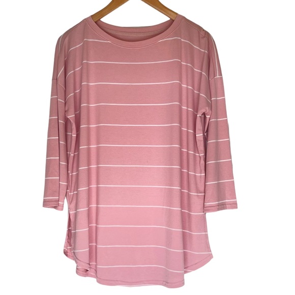 Unbranded   Oversized Pink Tee w Narrow White Stripes  3/4 Sleeves   Size Large - Picture 3 of 5